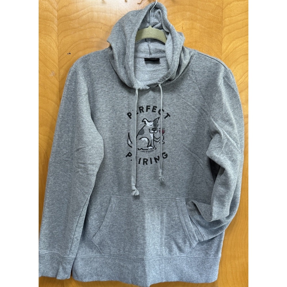 Life is Good Women's Perfect Pairing Dog Wine Hoodie Sweatshirt Gray Sz M